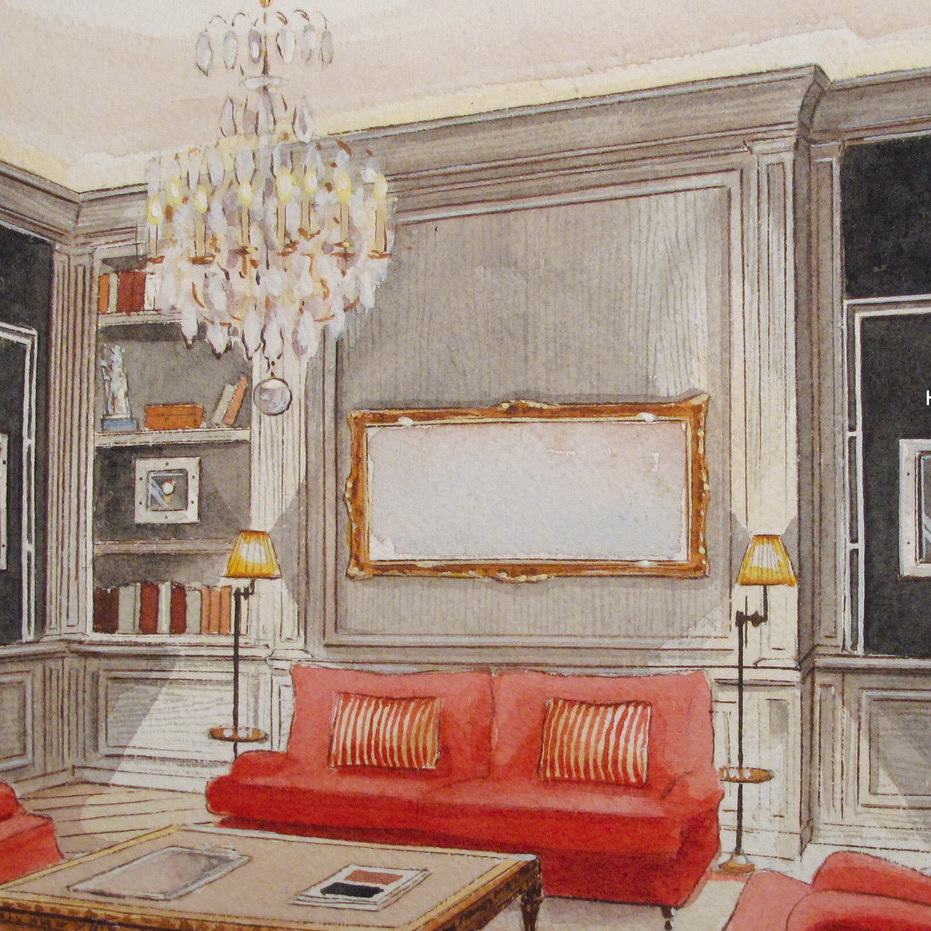 Salon avec boiseries sur mesure, canapé rouge et cadre doré — projet d'architecture intérieure CEM